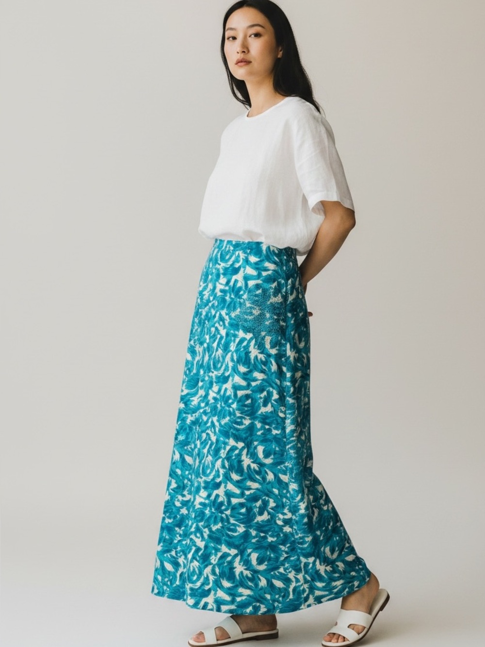 Vintage ANTHROPOLOGIE Silk Beaded Maxi Skirt Aqua/White Size 6